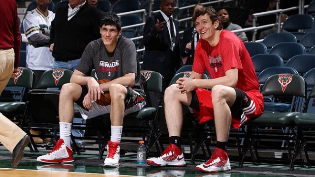 MILWAUKEE, WI - JANUARY 4: Ersan Ilyasova #7 of the Milwaukee Bucks and Omer Asik #3 of the Houston Rockets talk before the game on January 4, 2013 at the BMO Harris Bradley Center in Milwaukee, Wisconsin. NOTE TO USER: User expressly acknowledges and agrees that, by downloading and or using this Photograph, user is consenting to the terms and conditions of the Getty Images License Agreement. Mandatory Copyright Notice: Copyright 2013 NBAE (Photo by Gary Dineen/NBAE via Getty Images)